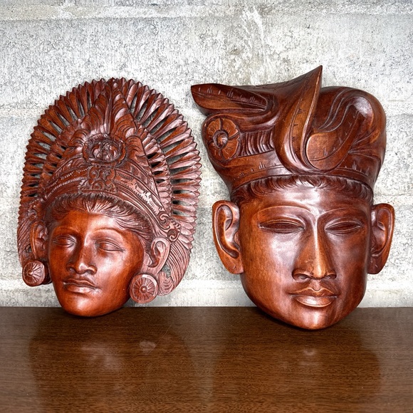Pair Hand Carved Balinese Wood Wall Masks Bali Tribal Decor